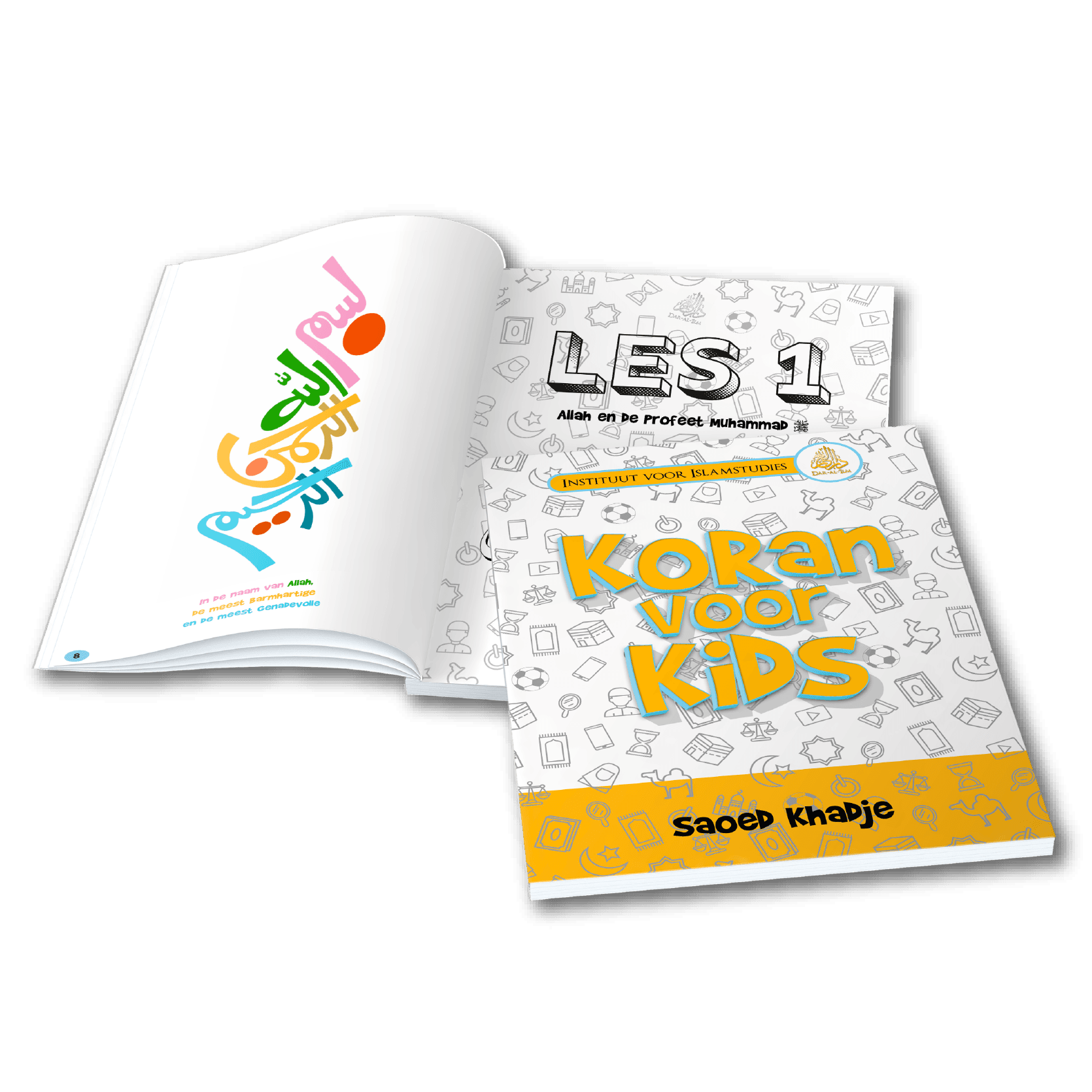 Opengeslagen Koran voor Kids lesboek met de kaft