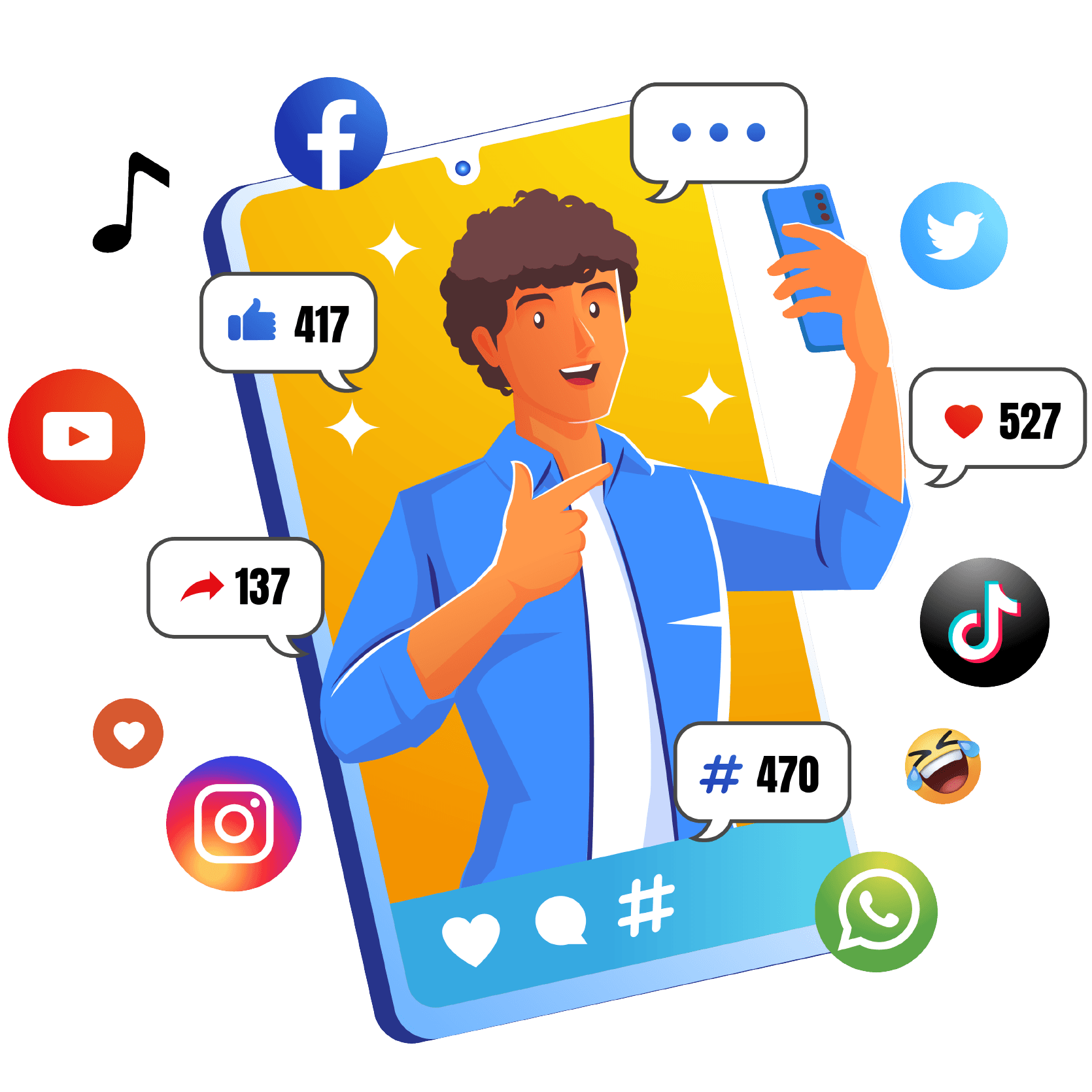 Jongen met een telefoon, omringd door social-media-iconen